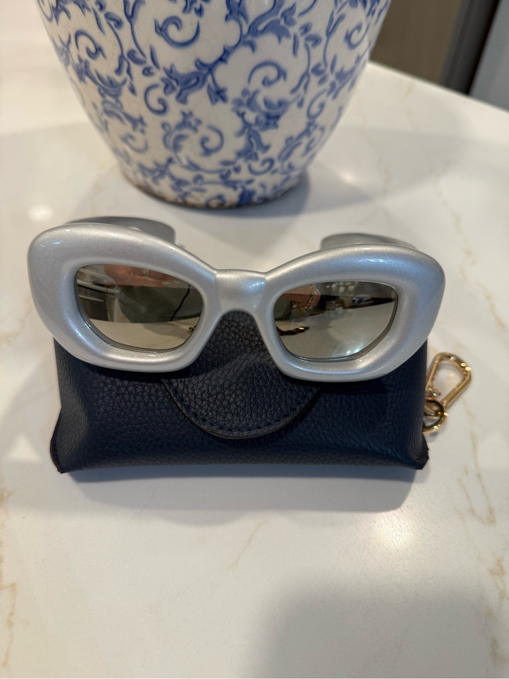 Loewe Chunky Silver Frame Sunglasses with Navy Leather Case